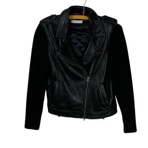 Sandro Black Lambskin Leather Moto Jacket Knit Sleeves Size S/M